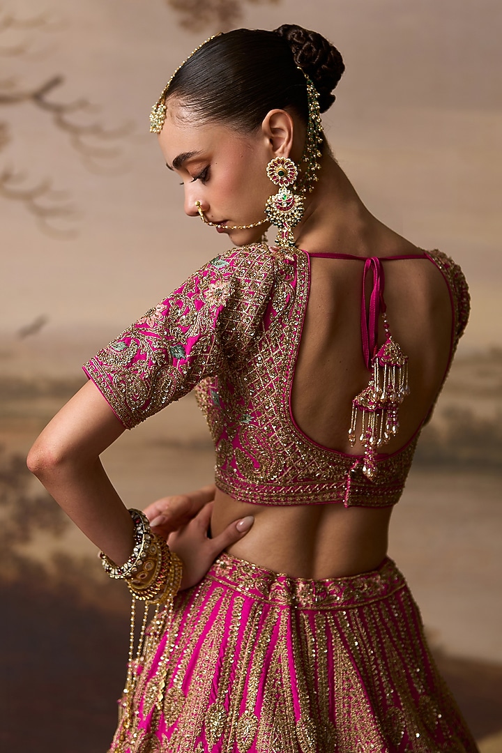 Rani Pink Raw Silk Zardosi Embroidered Bridal Lehenga Set by Angad Singh at Pernia's Pop Up Shop