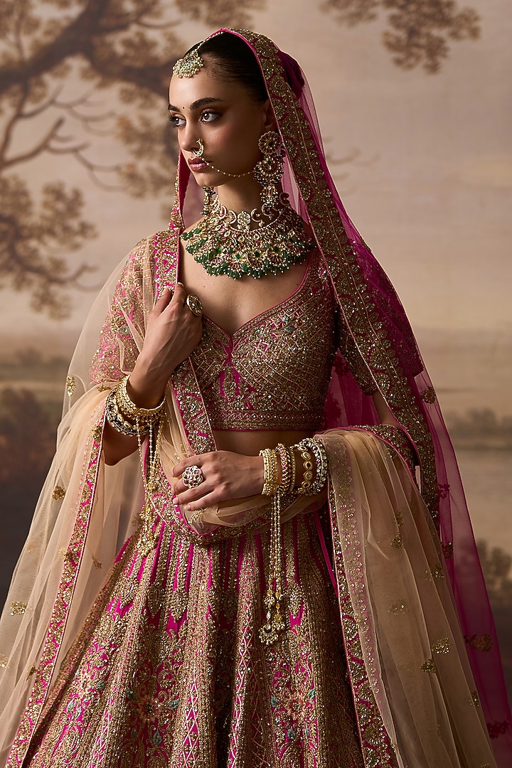 Rani Pink Raw Silk Zardosi Embroidered Bridal Lehenga Set by Angad Singh at Pernia's Pop Up Shop
