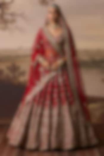 Red Raw Silk Sequins Embroidered Bridal Lehenga Set by Angad Singh at Pernia's Pop Up Shop