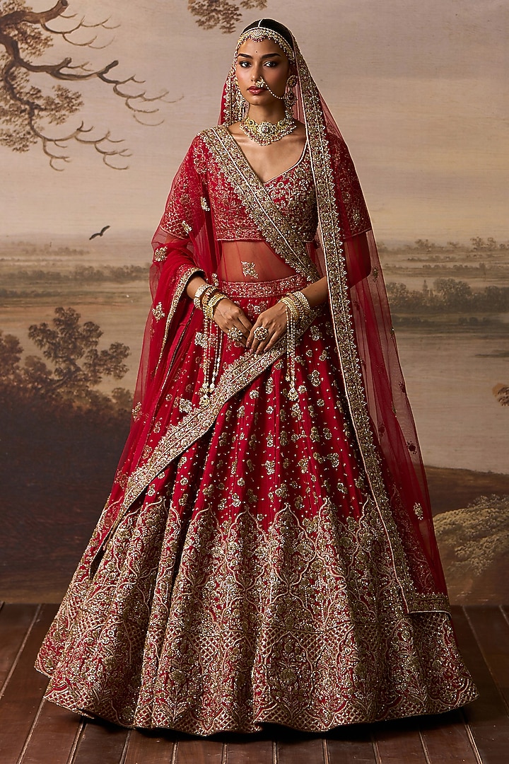 Red Raw Silk Sequins Embroidered Bridal Lehenga Set by Angad Singh at Pernia's Pop Up Shop