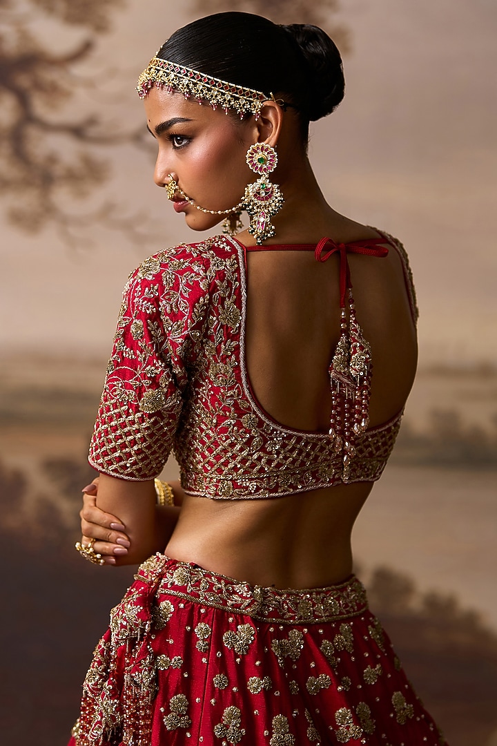 Red Raw Silk Sequins Embroidered Bridal Lehenga Set by Angad Singh at Pernia's Pop Up Shop