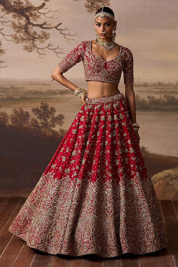 Red Raw Silk Sequins Embroidered Bridal Lehenga Set by Angad Singh at Pernia's Pop Up Shop