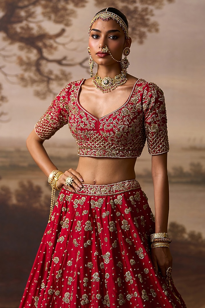 Red Raw Silk Sequins Embroidered Bridal Lehenga Set by Angad Singh at Pernia's Pop Up Shop