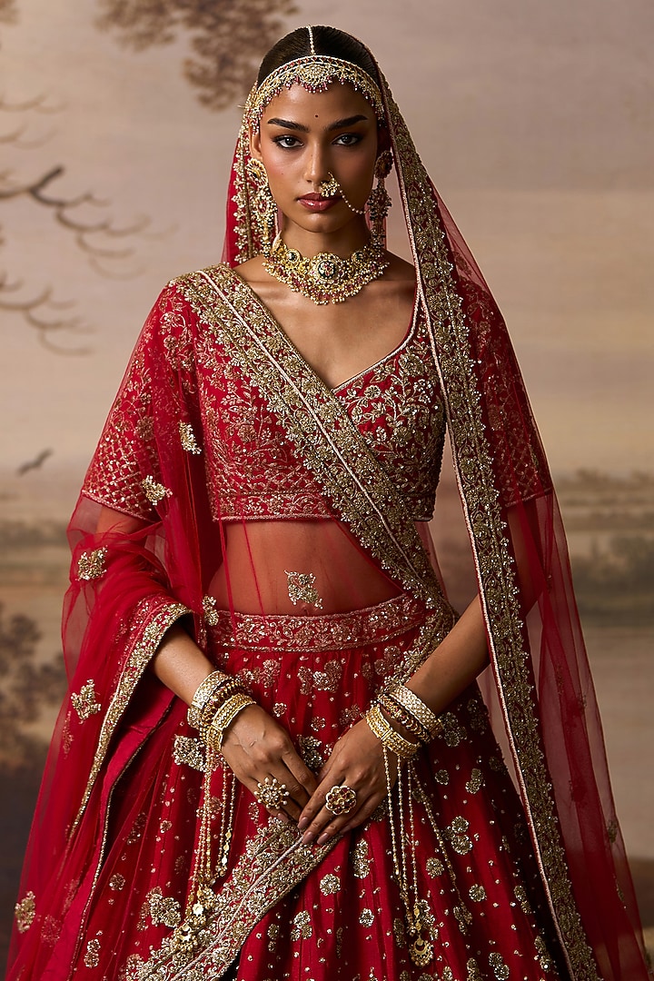 Red Raw Silk Sequins Embroidered Bridal Lehenga Set by Angad Singh at Pernia's Pop Up Shop