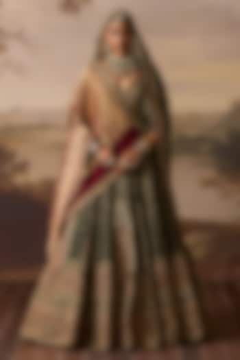 Emerald Green Raw Silk Bandhej Embroidered Bridal Lehenga Set by Angad Singh at Pernia's Pop Up Shop