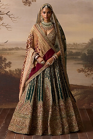 Emerald Green Raw Silk Bandhej Embroidered Lehenga Set by Angad Singh