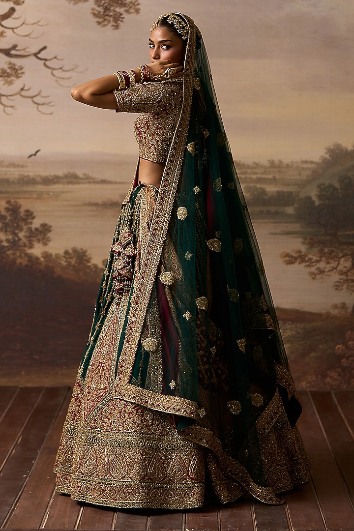 Emerald Green Raw Silk Bandhej Embroidered Bridal Lehenga Set by Angad Singh at Pernia's Pop Up Shop