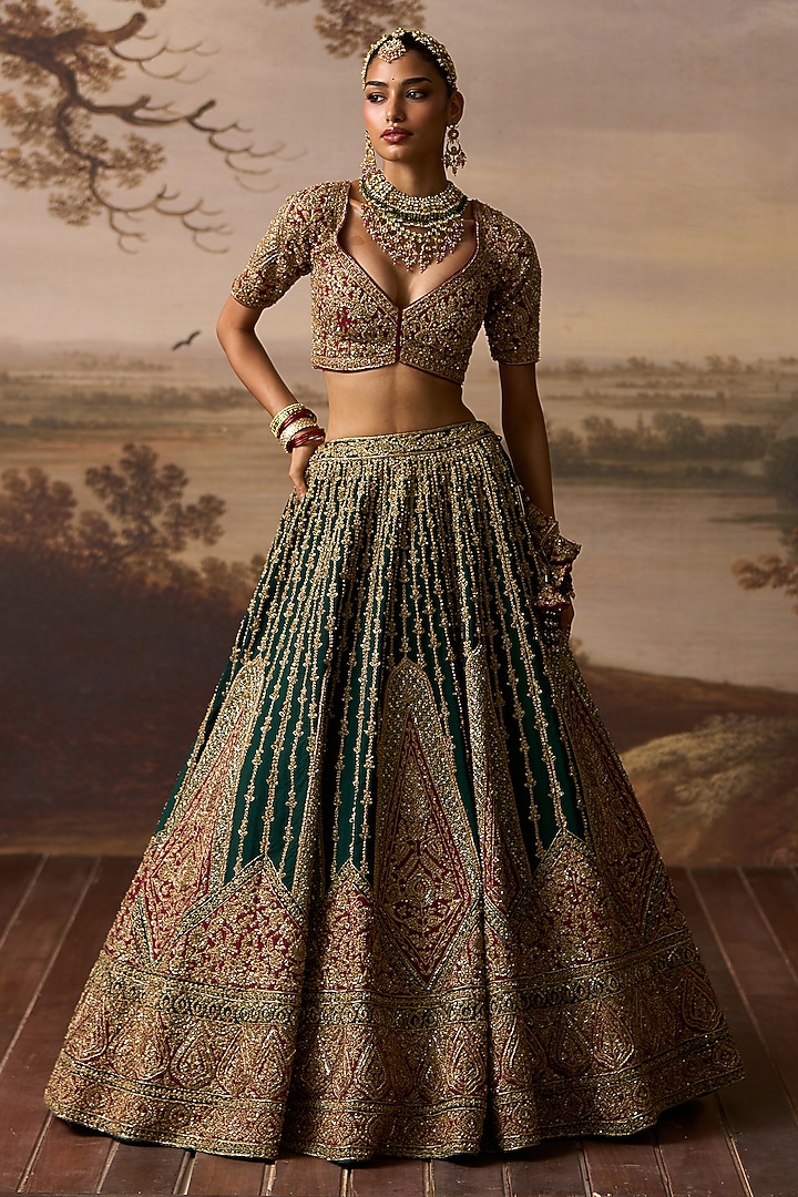 Emerald Green Raw Silk Bandhej Embroidered Bridal Lehenga Set by Angad Singh at Pernia's Pop Up Shop