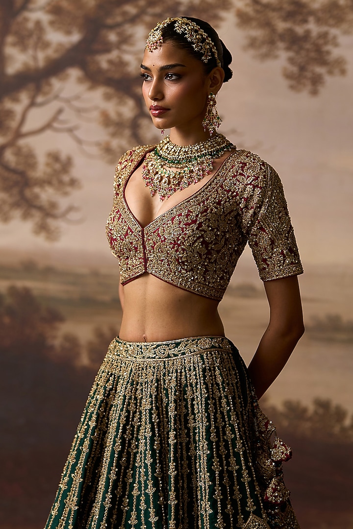 Emerald Green Raw Silk Bandhej Embroidered Bridal Lehenga Set by Angad Singh at Pernia's Pop Up Shop
