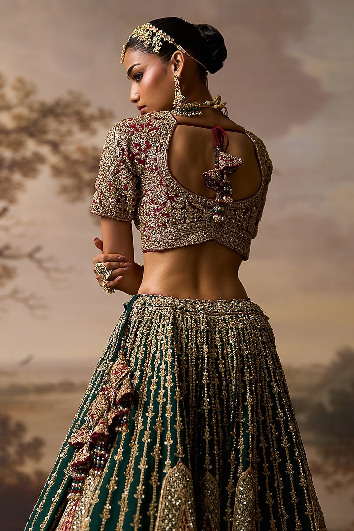 Emerald Green Raw Silk Bandhej Embroidered Bridal Lehenga Set by Angad Singh at Pernia's Pop Up Shop