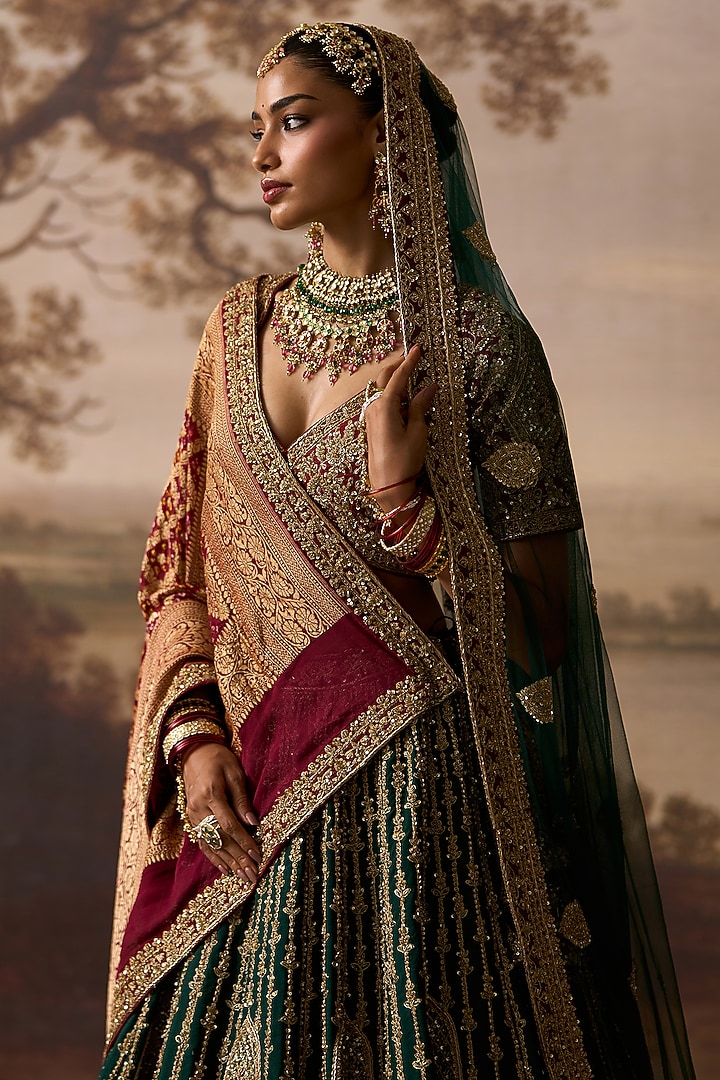 Emerald Green Raw Silk Bandhej Embroidered Bridal Lehenga Set by Angad Singh at Pernia's Pop Up Shop
