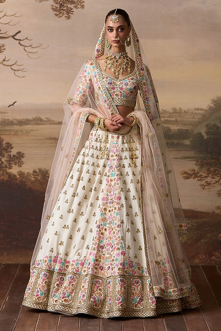 Ivory Raw Silk Resham Embroidered Bridal Lehenga Set by Angad Singh at Pernia's Pop Up Shop
