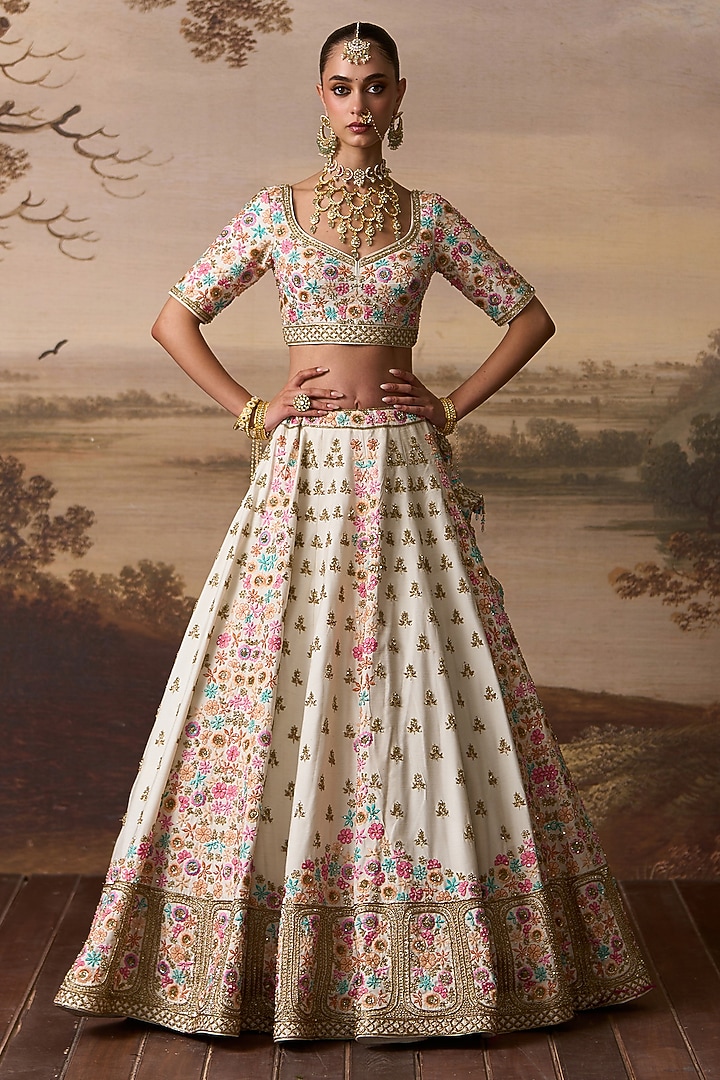 Ivory Raw Silk Resham Embroidered Bridal Lehenga Set by Angad Singh at Pernia's Pop Up Shop