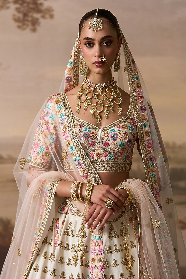 Ivory Raw Silk Resham Embroidered Bridal Lehenga Set by Angad Singh at Pernia's Pop Up Shop