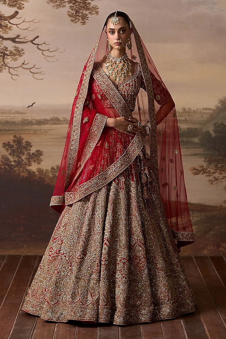 Red Raw Silk Embroidered Bridal Lehenga Set by Angad Singh at Pernia's Pop Up Shop