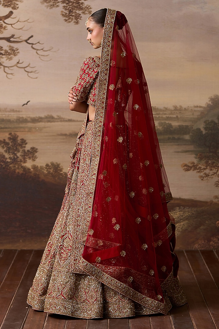 Red Raw Silk Embroidered Bridal Lehenga Set by Angad Singh at Pernia's Pop Up Shop