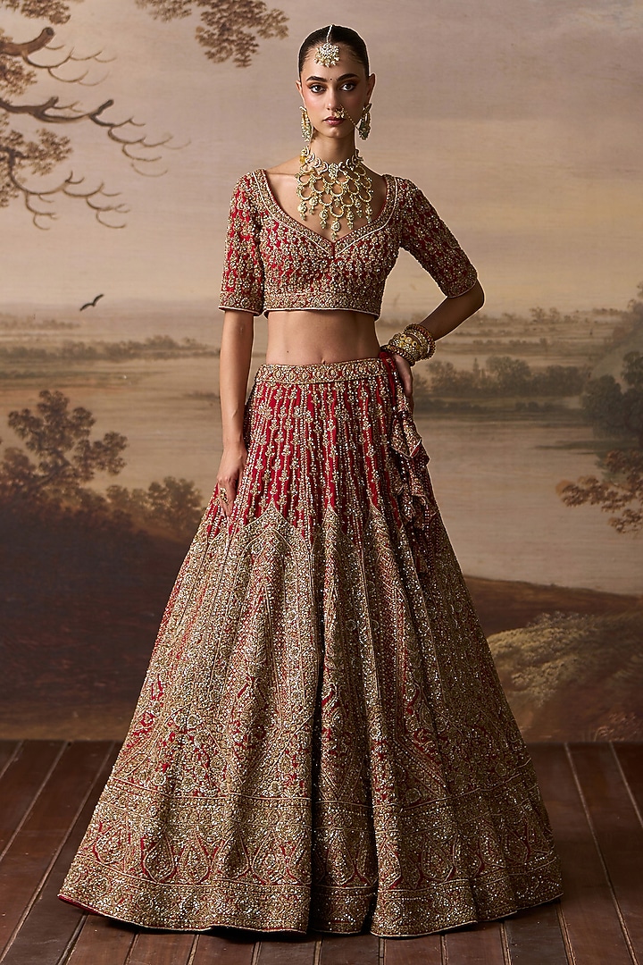 Red Raw Silk Embroidered Bridal Lehenga Set by Angad Singh at Pernia's Pop Up Shop
