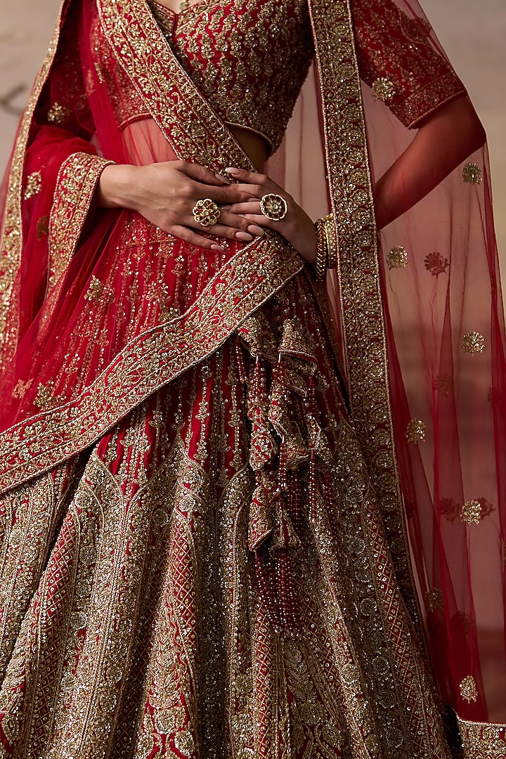 Red Raw Silk Embroidered Bridal Lehenga Set by Angad Singh at Pernia's Pop Up Shop