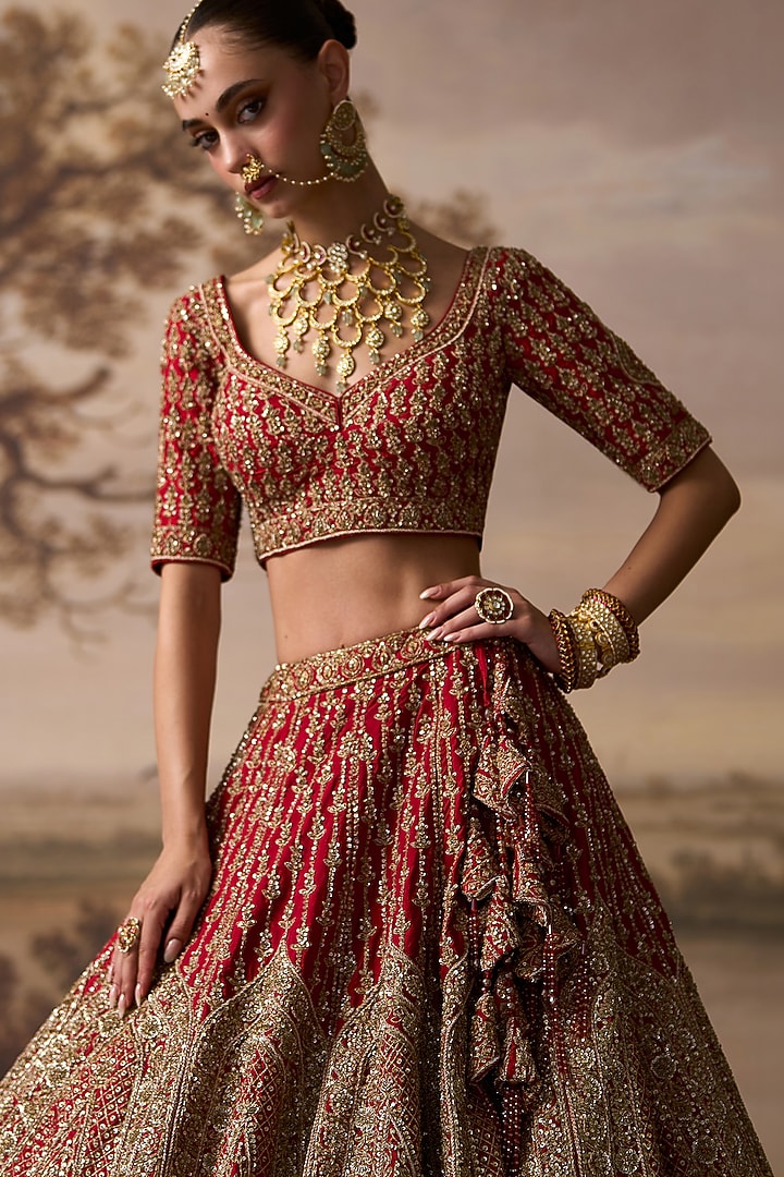 Red Raw Silk Embroidered Bridal Lehenga Set by Angad Singh at Pernia's Pop Up Shop