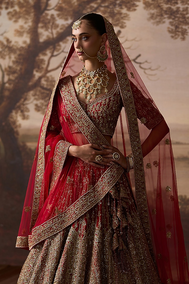 Red Raw Silk Embroidered Bridal Lehenga Set by Angad Singh at Pernia's Pop Up Shop