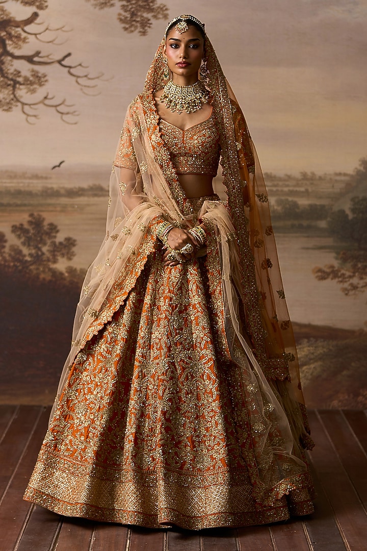Rust Raw Silk Embroidered Bridal Lehenga Set by Angad Singh at Pernia's Pop Up Shop