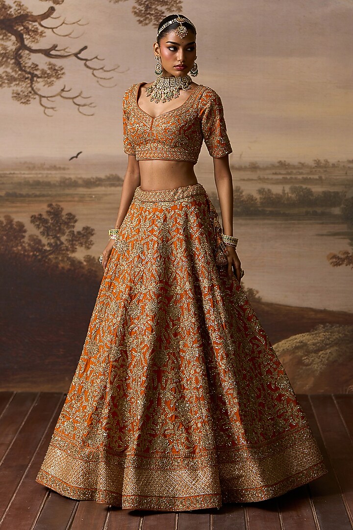 Rust Raw Silk Embroidered Bridal Lehenga Set by Angad Singh at Pernia's Pop Up Shop