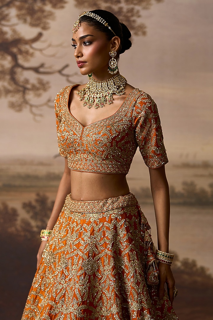 Rust Raw Silk Embroidered Bridal Lehenga Set by Angad Singh at Pernia's Pop Up Shop