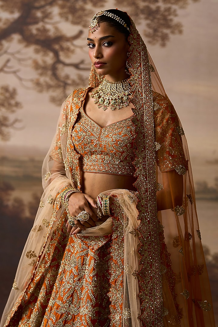 Rust Raw Silk Embroidered Bridal Lehenga Set by Angad Singh at Pernia's Pop Up Shop