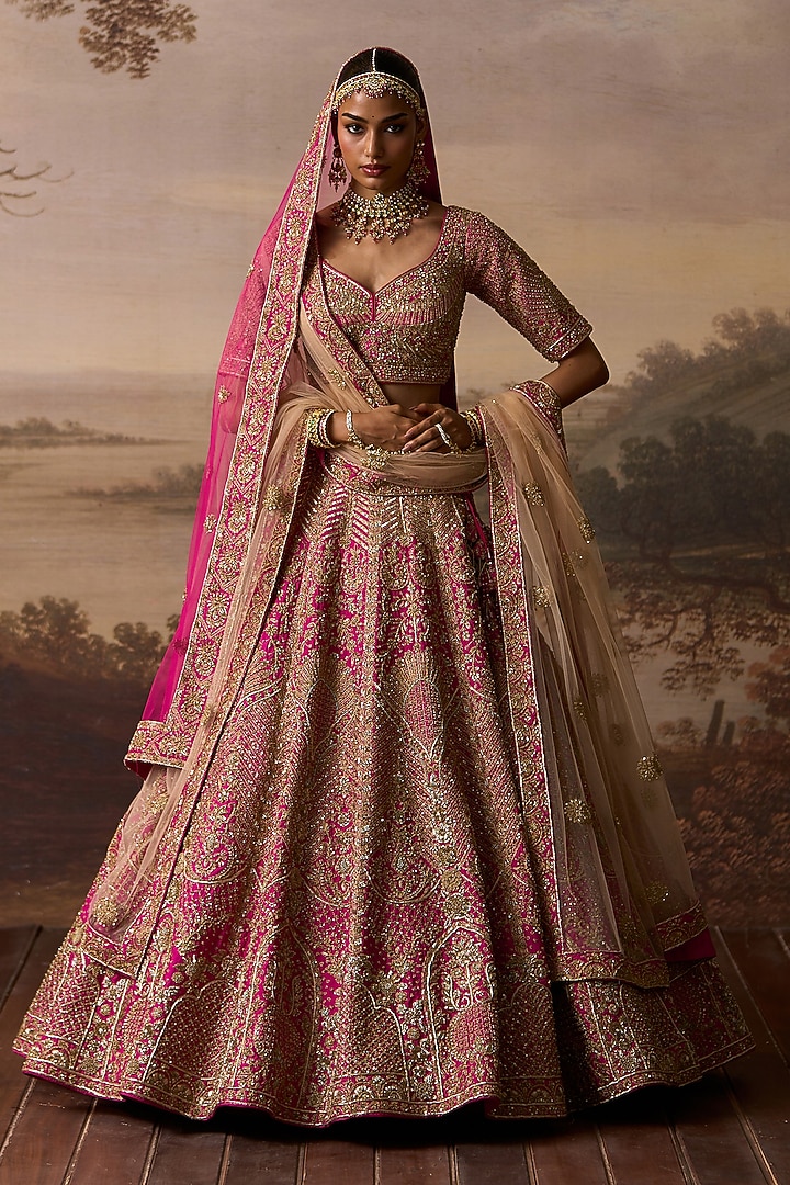 Rani Pink Raw Silk Paisley Embroidered Bridal Lehenga Set by Angad Singh at Pernia's Pop Up Shop