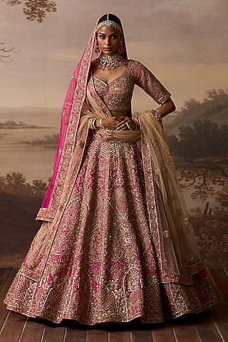 Rani Pink Raw Silk Paisley Embroidered Lehenga Set by Angad Singh