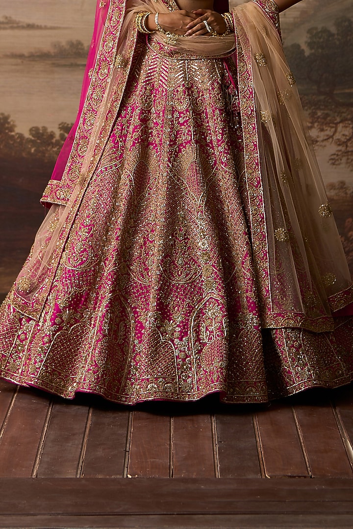 Rani Pink Raw Silk Paisley Embroidered Bridal Lehenga Set by Angad Singh at Pernia's Pop Up Shop