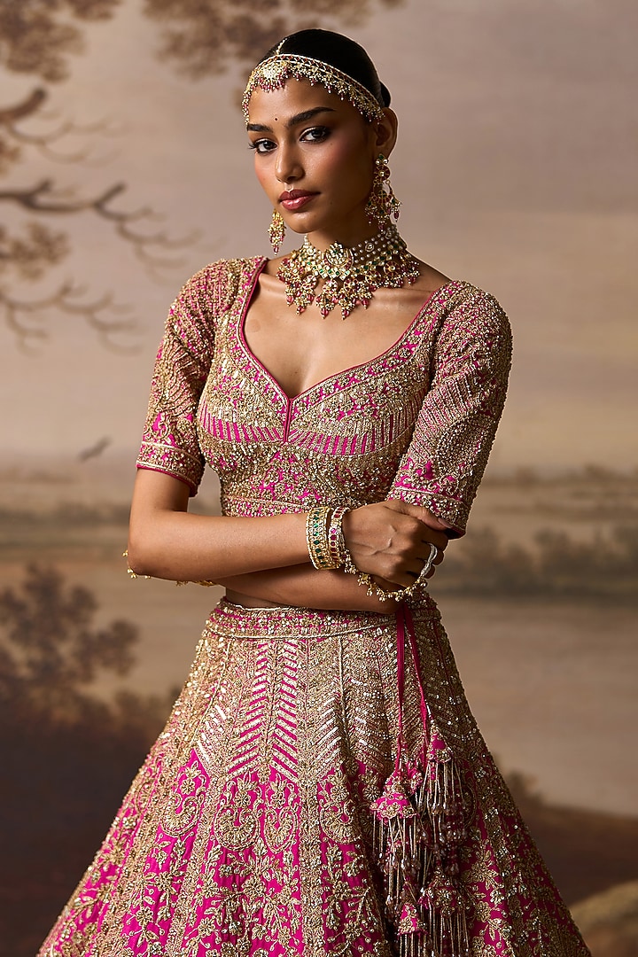 Rani Pink Raw Silk Paisley Embroidered Bridal Lehenga Set by Angad Singh at Pernia's Pop Up Shop