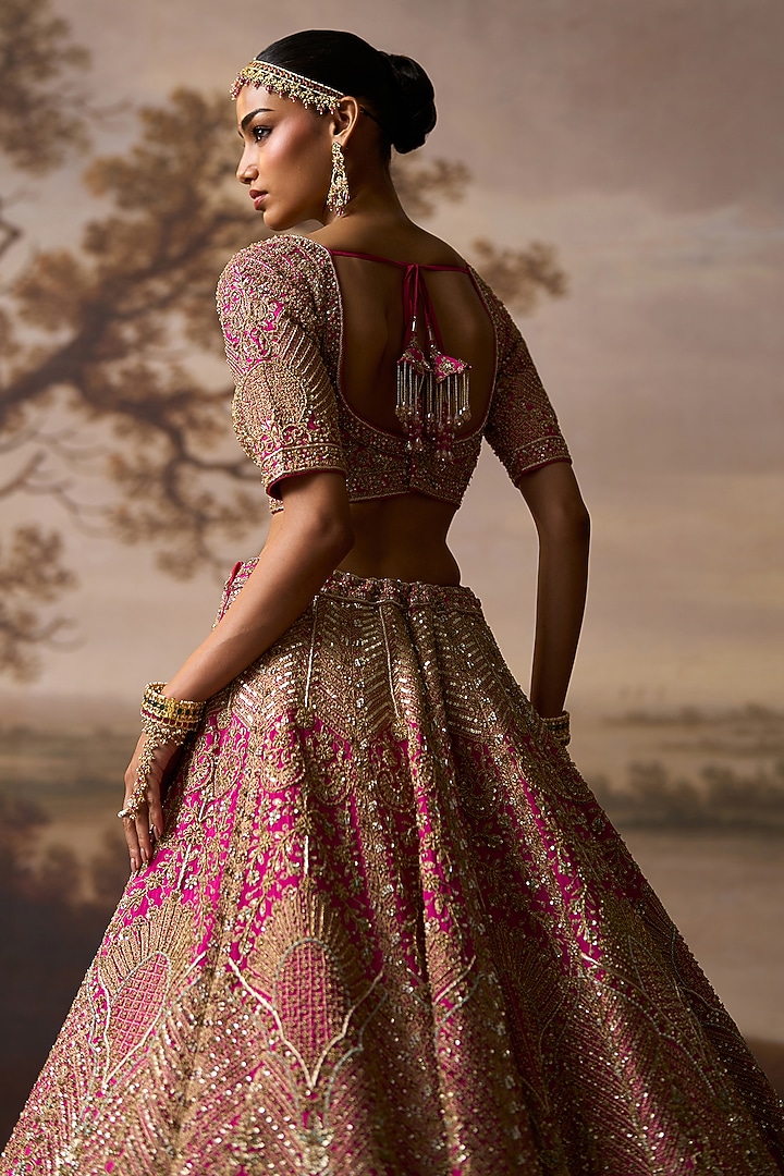 Rani Pink Raw Silk Paisley Embroidered Bridal Lehenga Set by Angad Singh at Pernia's Pop Up Shop