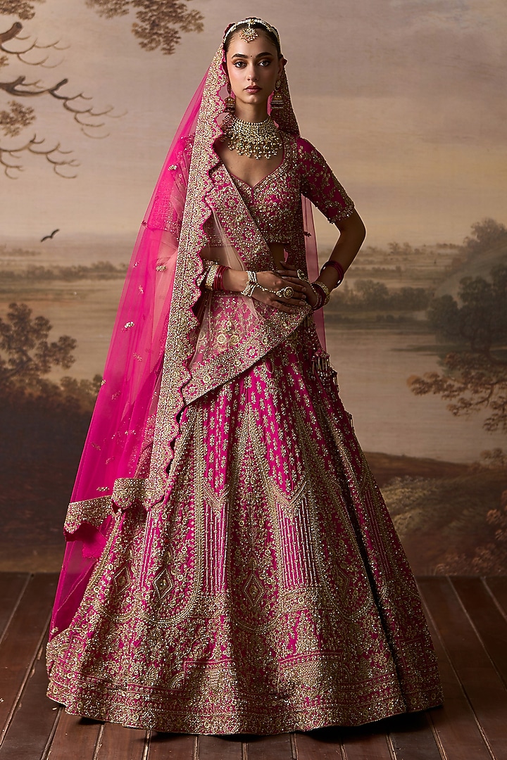 Rani Pink Raw Silk Dabka Embroidered Bridal Lehenga Set by Angad Singh at Pernia's Pop Up Shop