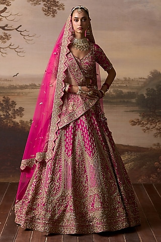 Rani Pink Raw Silk Dabka Embroidered Lehenga Set by Angad Singh