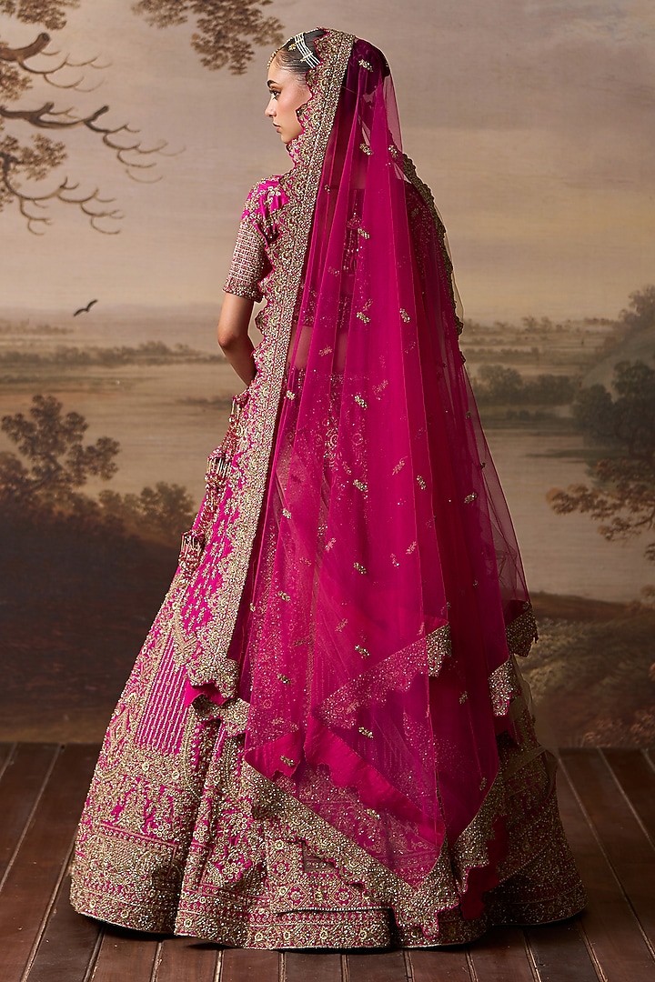 Rani Pink Raw Silk Dabka Embroidered Bridal Lehenga Set by Angad Singh at Pernia's Pop Up Shop