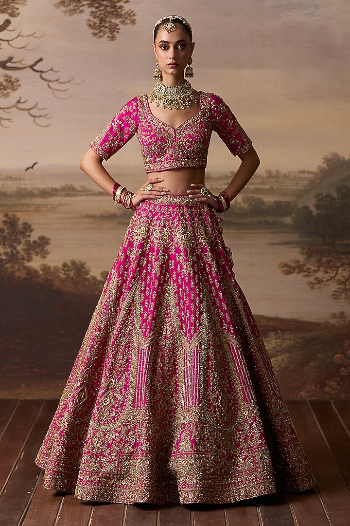 Rani Pink Raw Silk Dabka Embroidered Bridal Lehenga Set by Angad Singh at Pernia's Pop Up Shop