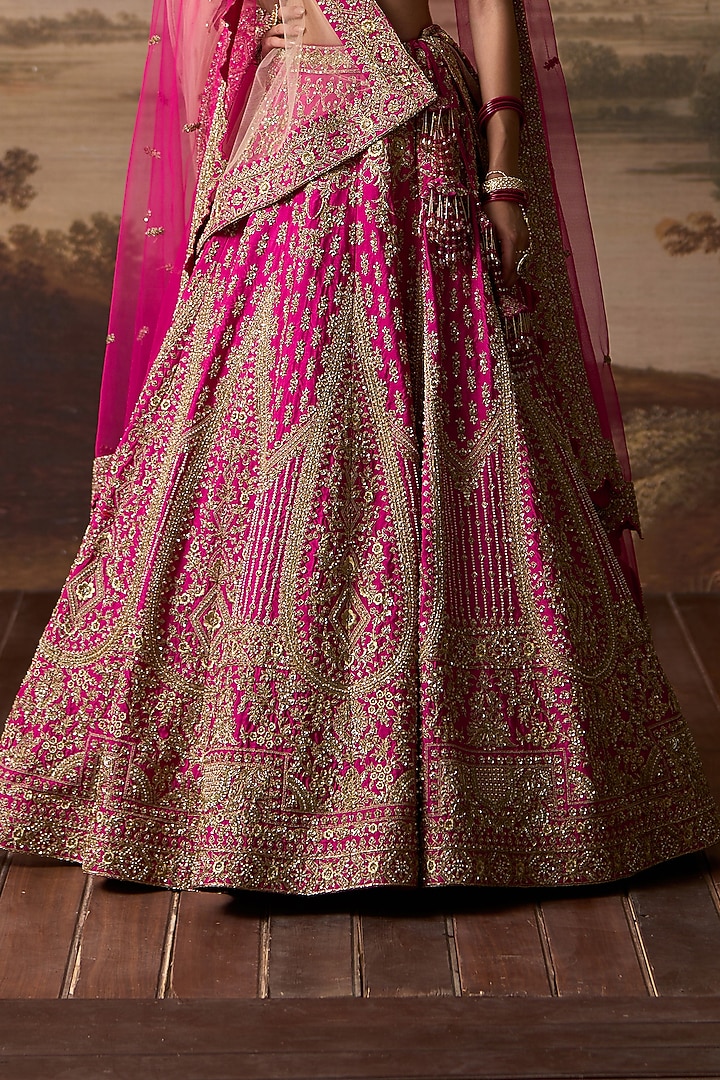 Rani Pink Raw Silk Dabka Embroidered Bridal Lehenga Set by Angad Singh at Pernia's Pop Up Shop