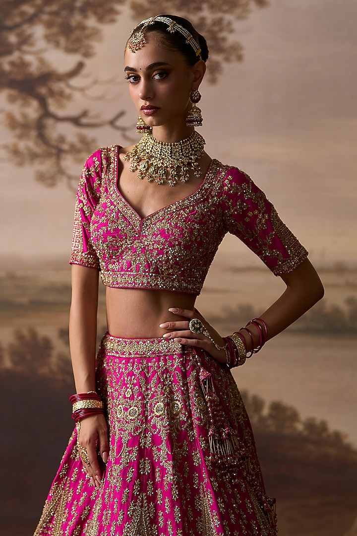 Rani Pink Raw Silk Dabka Embroidered Bridal Lehenga Set by Angad Singh at Pernia's Pop Up Shop