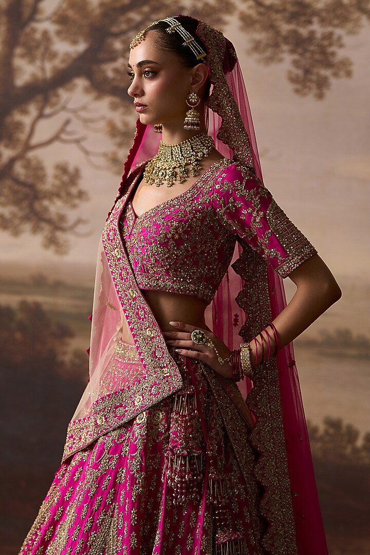 Rani Pink Raw Silk Dabka Embroidered Bridal Lehenga Set by Angad Singh at Pernia's Pop Up Shop