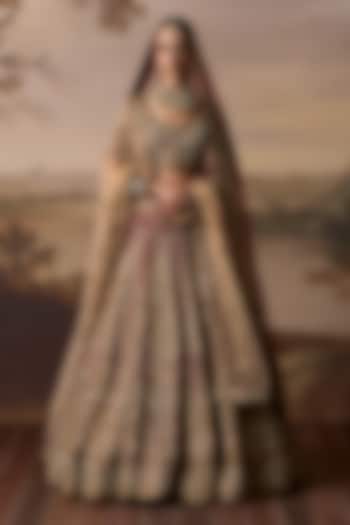 Maroon Raw Silk Motif Embroidered Bridal Lehenga Set by Angad Singh at Pernia's Pop Up Shop