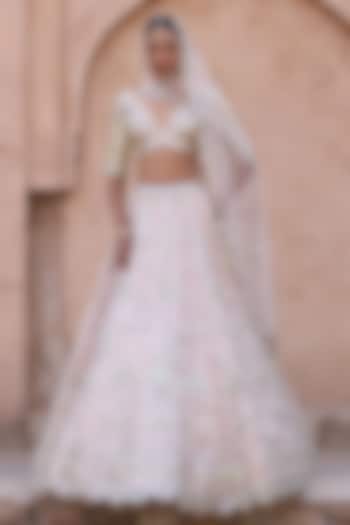 Blush Peach Organza Applique Embroidered Wedding Lehenga Set by Angad Singh at Pernia's Pop Up Shop