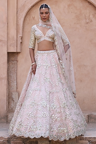 Blush Peach Organza Applique Embroidered Lehenga Set by Angad Singh