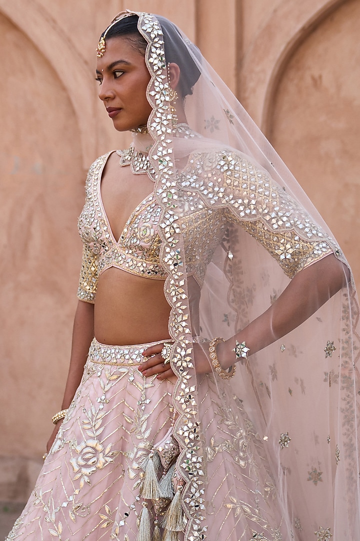 Blush Peach Organza Applique Embroidered Wedding Lehenga Set by Angad Singh at Pernia's Pop Up Shop