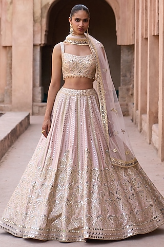 Soft Peach Raw Silk Mirror Work Lehenga Set by Angad Singh