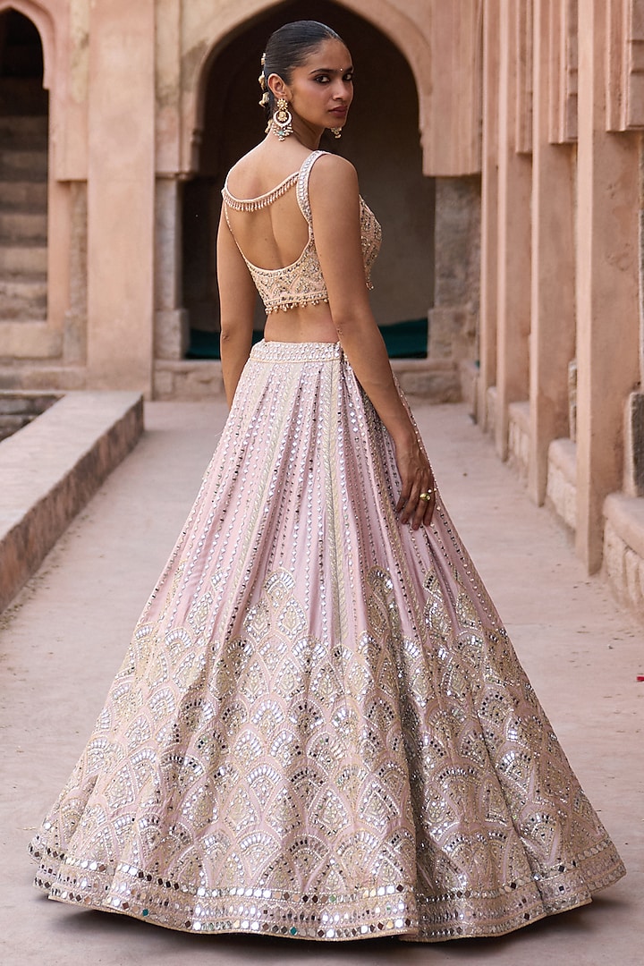 Soft Peach Raw Silk Mirror Work Wedding Lehenga Set by Angad Singh at Pernia's Pop Up Shop