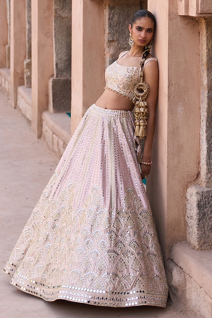 Soft Peach Raw Silk Mirror Work Wedding Lehenga Set by Angad Singh at Pernia's Pop Up Shop