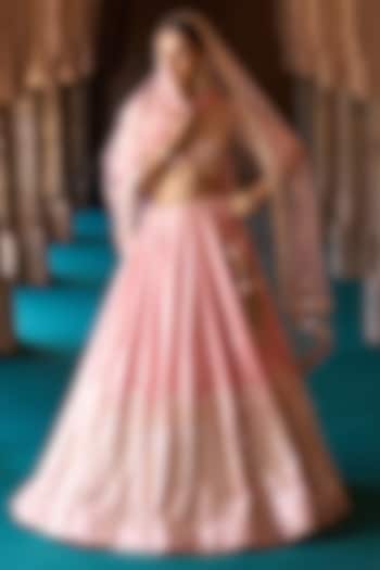 Carrot Pink Raw Silk Mirror Embellished Wedding Lehenga Set by Angad Singh at Pernia's Pop Up Shop