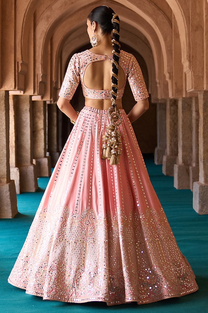 Carrot Pink Raw Silk Mirror Embellished Wedding Lehenga Set by Angad Singh at Pernia's Pop Up Shop