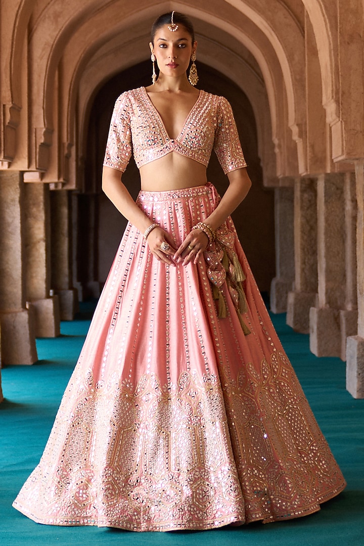 Carrot Pink Raw Silk Mirror Embellished Wedding Lehenga Set by Angad Singh at Pernia's Pop Up Shop